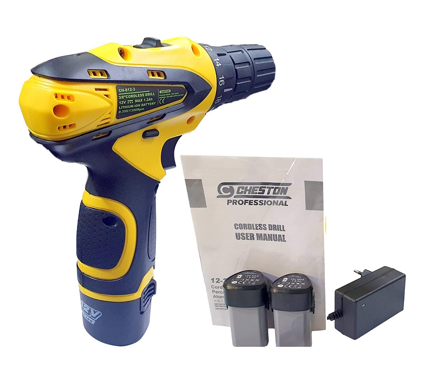 Cheston 10 mm Keyless Chuck 12V Cordless Drill/Screwdriver with 2       Batteries, LED Torch Variable Speed and Torque Setting (19+1)